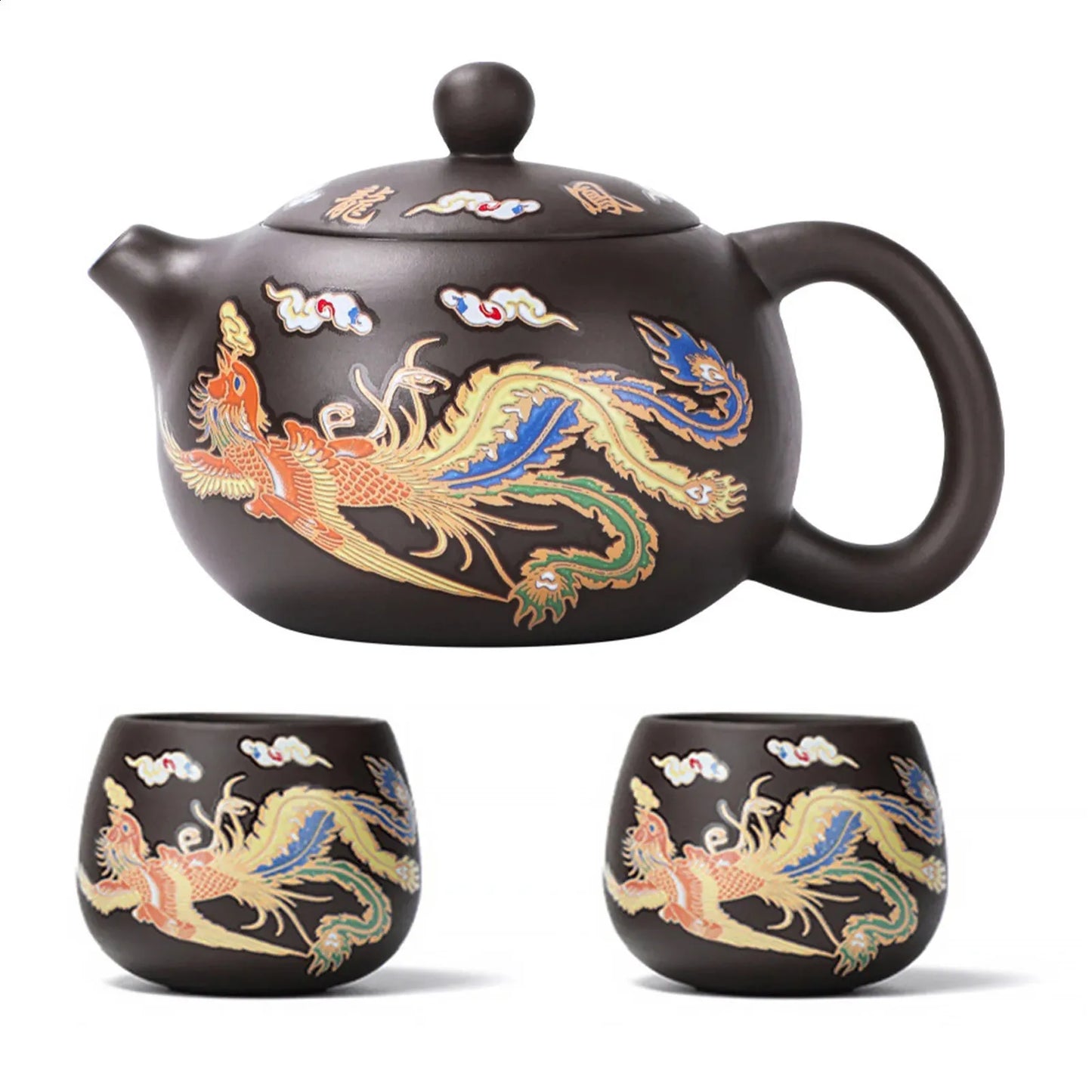 Vintage Dragons Phoenixs Purple Clay Teapot Household KungFu Tea Pot For Brewings Tea 240726