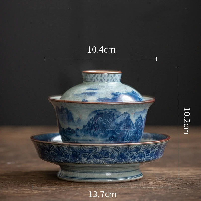 Antique Full Flowers Ceramic Opening Gaiwan For Tea Blue Tureen Teaware Set Chinese Tea Bowl Chawan Tea Cup