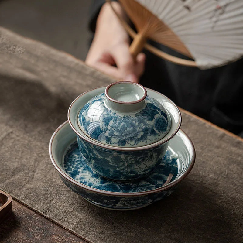 Antique Full Flowers Ceramic Opening Gaiwan For Tea Blue Tureen Teaware Set Chinese Tea Bowl Chawan Tea Cup