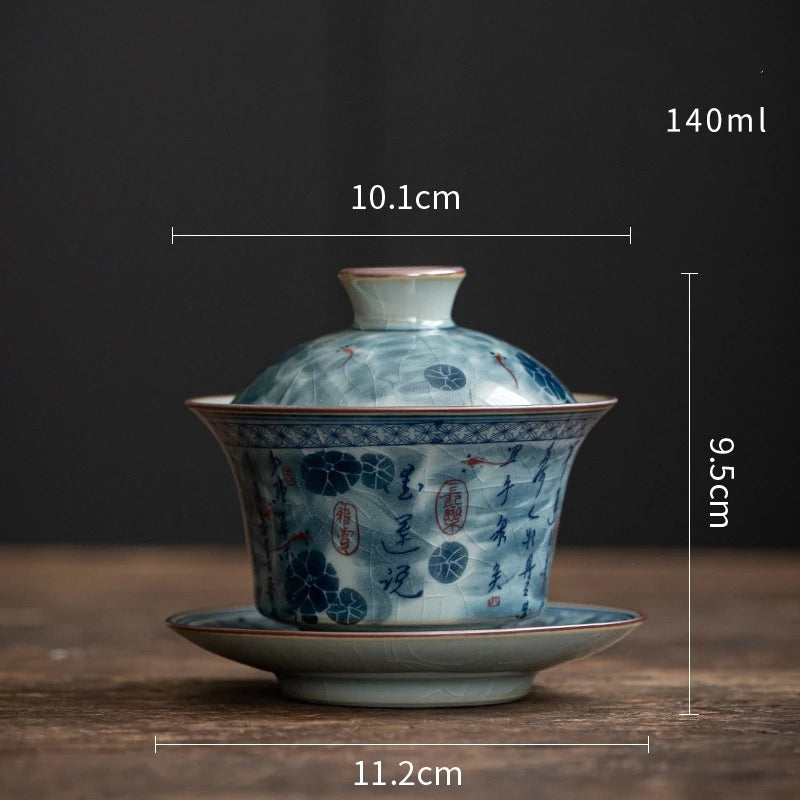 Antique Full Flowers Ceramic Opening Gaiwan For Tea Blue Tureen Teaware Set Chinese Tea Bowl Chawan Tea Cup