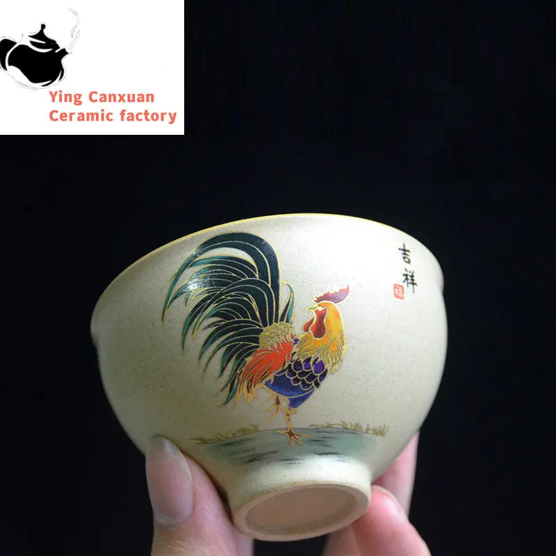 Antique Pottery Ceramic Teacup Hand Painted Cock Tea Cup Travel Portable Tea Bowl Pu'er Master Cup Chinese Tea set Accessories