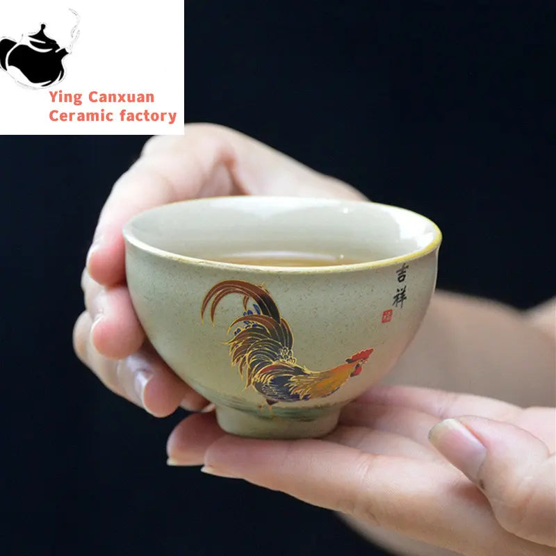 Antique Pottery Ceramic Teacup Hand Painted Cock Tea Cup Travel Portable Tea Bowl Pu'er Master Cup Chinese Tea set Accessories
