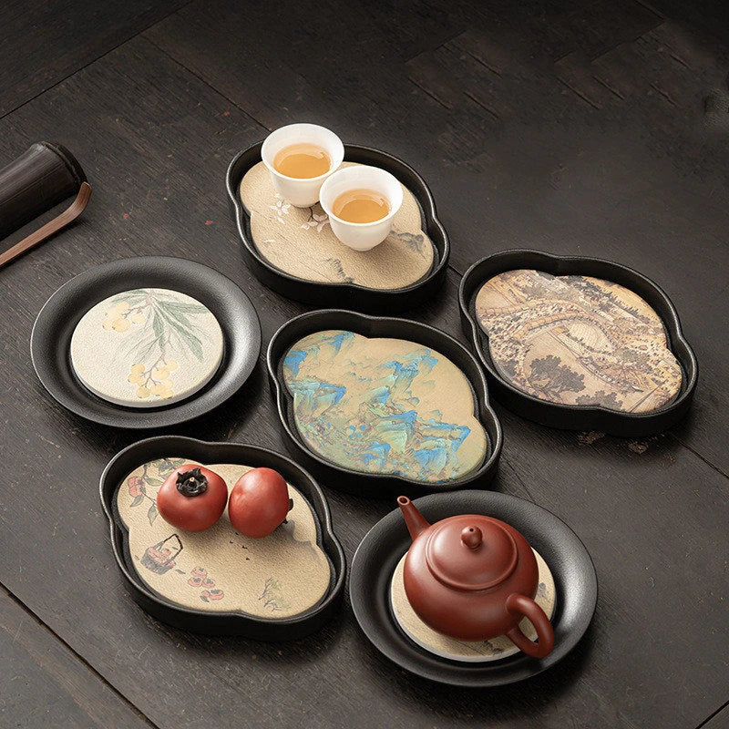 Black Pottery Water Absorption Type Tea Tray Home Quick Drying Teapot Trays Small Dry Brewing Tea Table Chinese Tea Accessories
