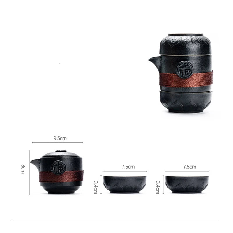 Black pottery tea set cup Portable travel teaware sets kung fu tea Japanese style mug gaiwan cup outdoor with bag teapot kettle