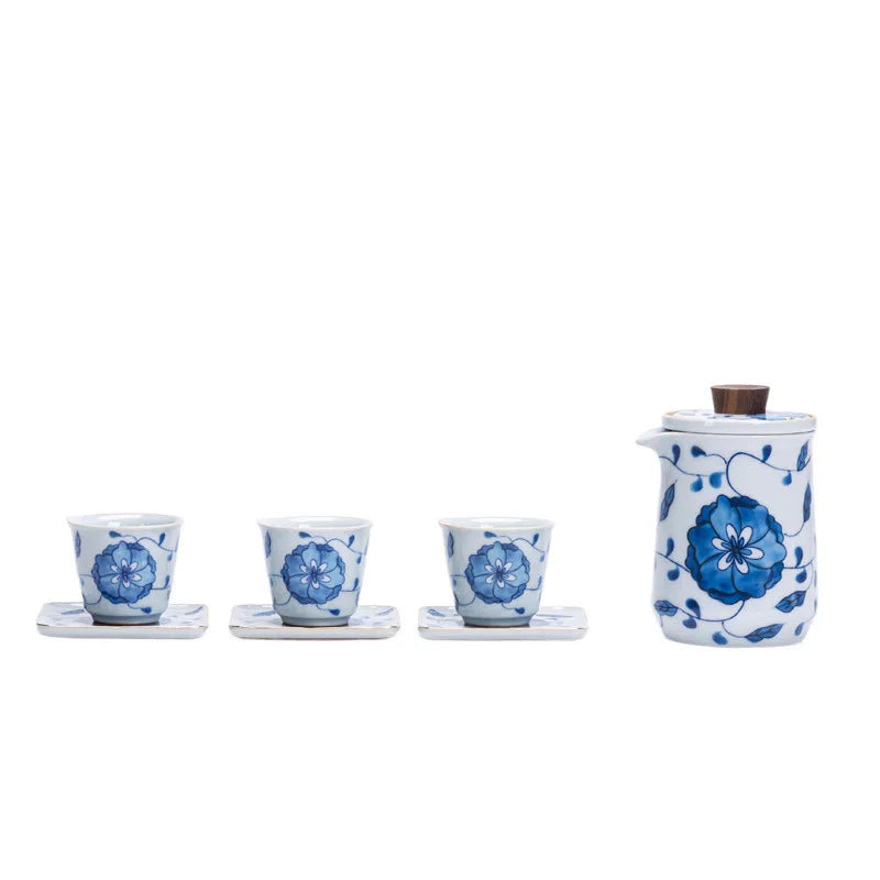Blue and White Interlock Branch Lotus Teapot Vintage Tea Water Separation Express Single Teapot Kung Fu Tea Set Teacup Coaster