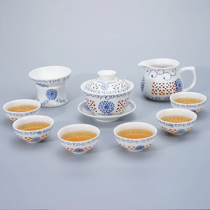 Blue-and-white exquisite tea set 1 Gaiwan 6Cups Honeycomb teapot kettles tea cup porcelain chinese kung fu tea set drinkware