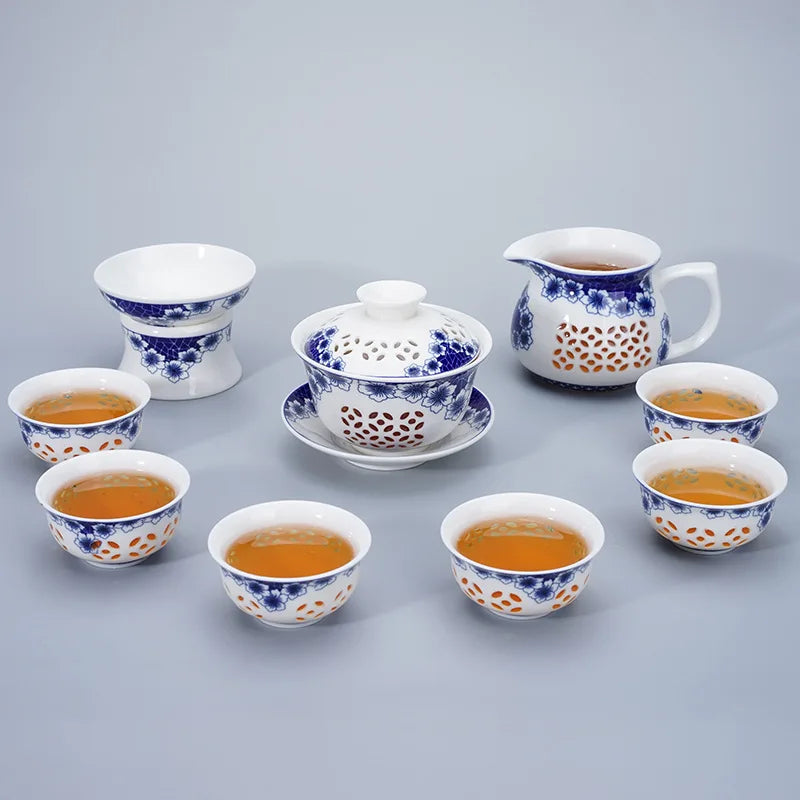 Blue-and-white exquisite tea set 1 Gaiwan 6Cups Honeycomb teapot kettles tea cup porcelain chinese kung fu tea set drinkware
