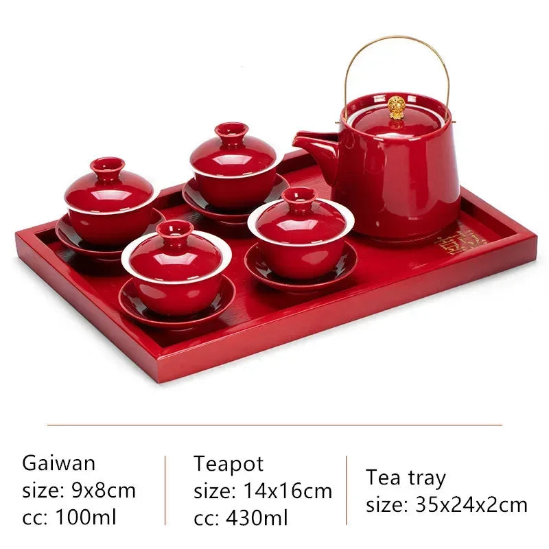 Boutique Chinese Tea Sets Red Ceramic Gaiwan Teapot Tea Tray Suit Wedding Tea Set Supplies Customized High Grade Teaware Gifts