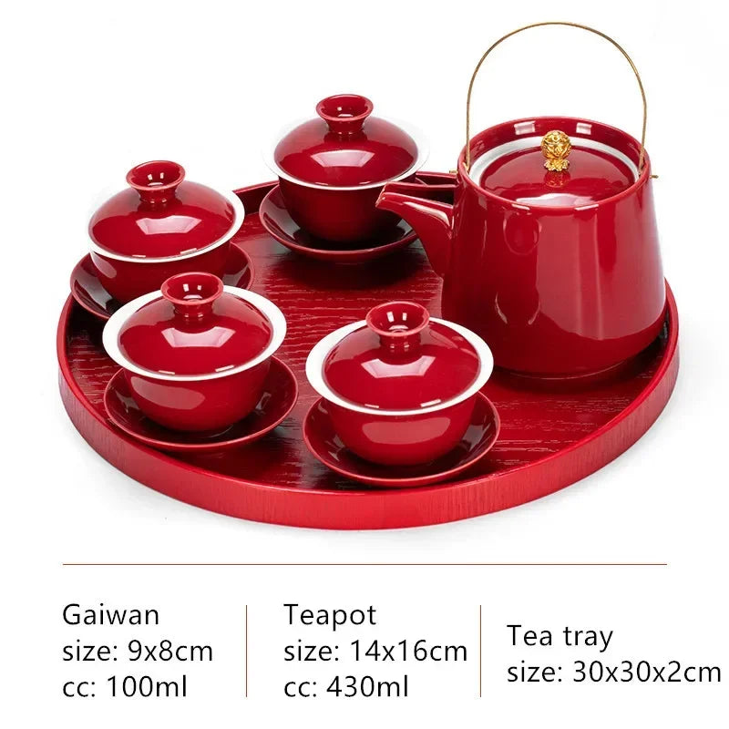 Boutique Chinese Tea Sets Red Ceramic Gaiwan Teapot Tea Tray Suit Wedding Tea Set Supplies Customized High Grade Teaware Gifts