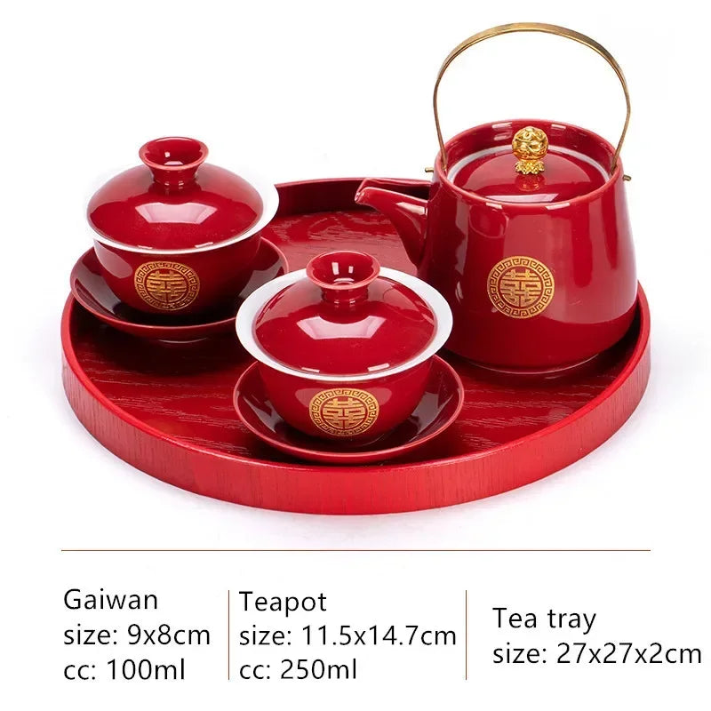 Boutique Chinese Tea Sets Red Ceramic Gaiwan Teapot Tea Tray Suit Wedding Tea Set Supplies Customized High Grade Teaware Gifts