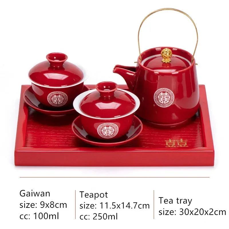 Boutique Chinese Tea Sets Red Ceramic Gaiwan Teapot Tea Tray Suit Wedding Tea Set Supplies Customized High Grade Teaware Gifts