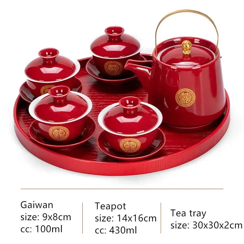 Boutique Chinese Tea Sets Red Ceramic Gaiwan Teapot Tea Tray Suit Wedding Tea Set Supplies Customized High Grade Teaware Gifts