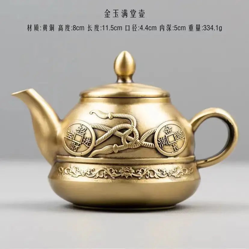 Brass Float Carved Flower Tea Pot Water Pot Chinese Tea Pot Crafts Tea Ceremony Set