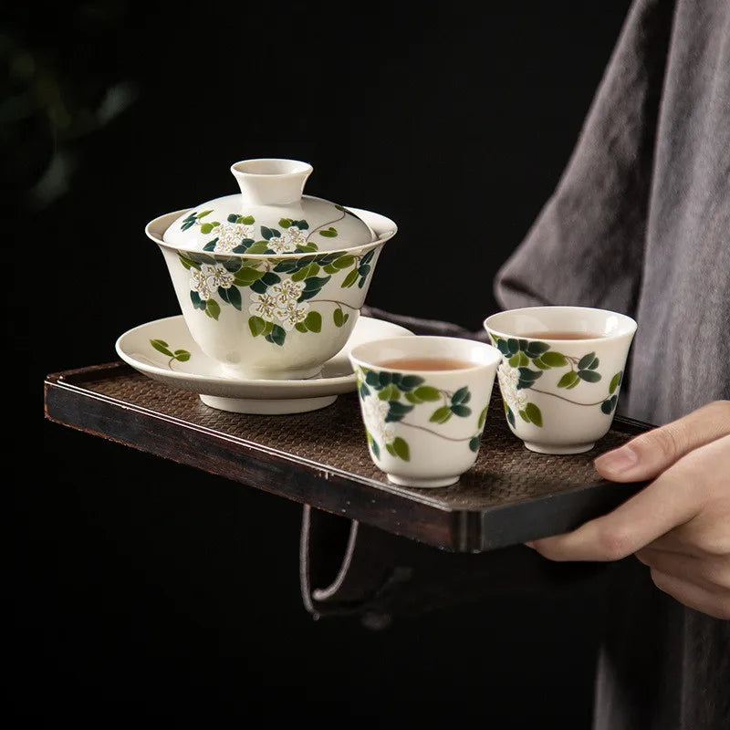 Camellia Gaiwan Ceramic Tea Cup Kung Fu Tea Set Large Tea Cup Household Tea Bowl Chinese Gaiwan Tea Set Flowers Teacup Teaware