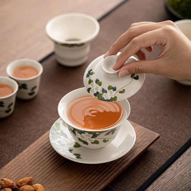 Camellia Gaiwan Ceramic Tea Cup Kung Fu Tea Set Large Tea Cup Household Tea Bowl Chinese Gaiwan Tea Set Flowers Teacup Teaware