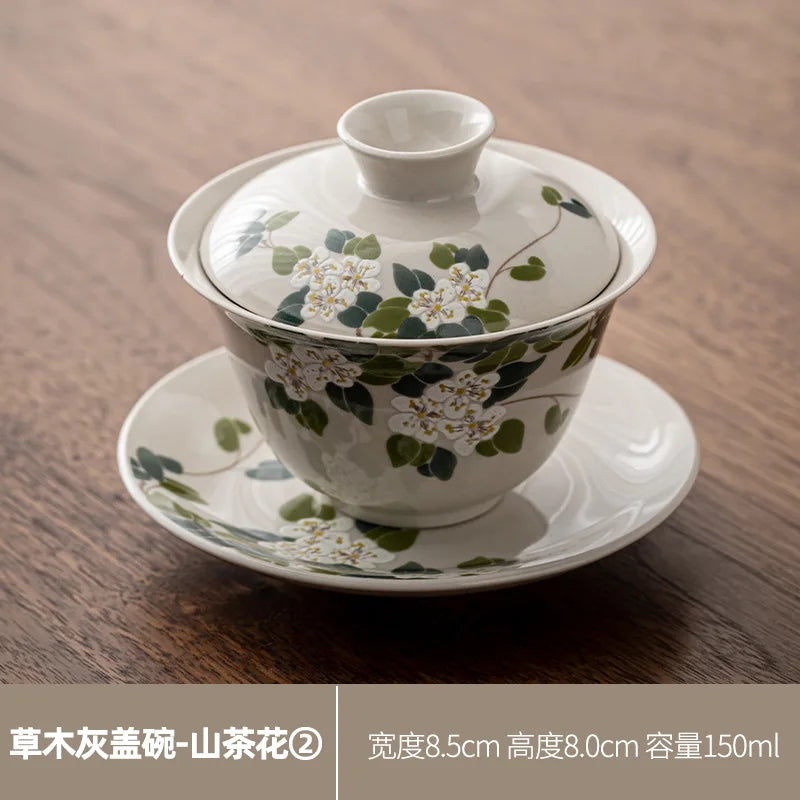 Camellia Gaiwan Ceramic Tea Cup Kung Fu Tea Set Large Tea Cup Household Tea Bowl Chinese Gaiwan Tea Set Flowers Teacup Teaware