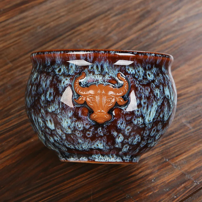 Ceramic Fambe Tea Cup Jianzhan Double Cow Hand-Held Insulation Kung Fu Tea Master Tea Cup Tea Cup Tea Bowl Logo Customization