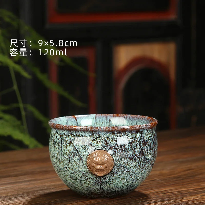 Ceramic Fambe Tea Cup Jianzhan Double Cow Hand-Held Insulation Kung Fu Tea Master Tea Cup Tea Cup Tea Bowl Logo Customization