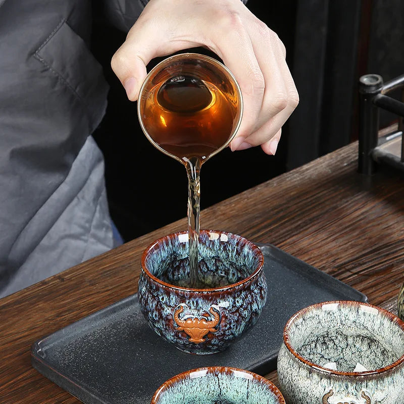 Ceramic Fambe Tea Cup Jianzhan Double Cow Hand-Held Insulation Kung Fu Tea Master Tea Cup Tea Cup Tea Bowl Logo Customization