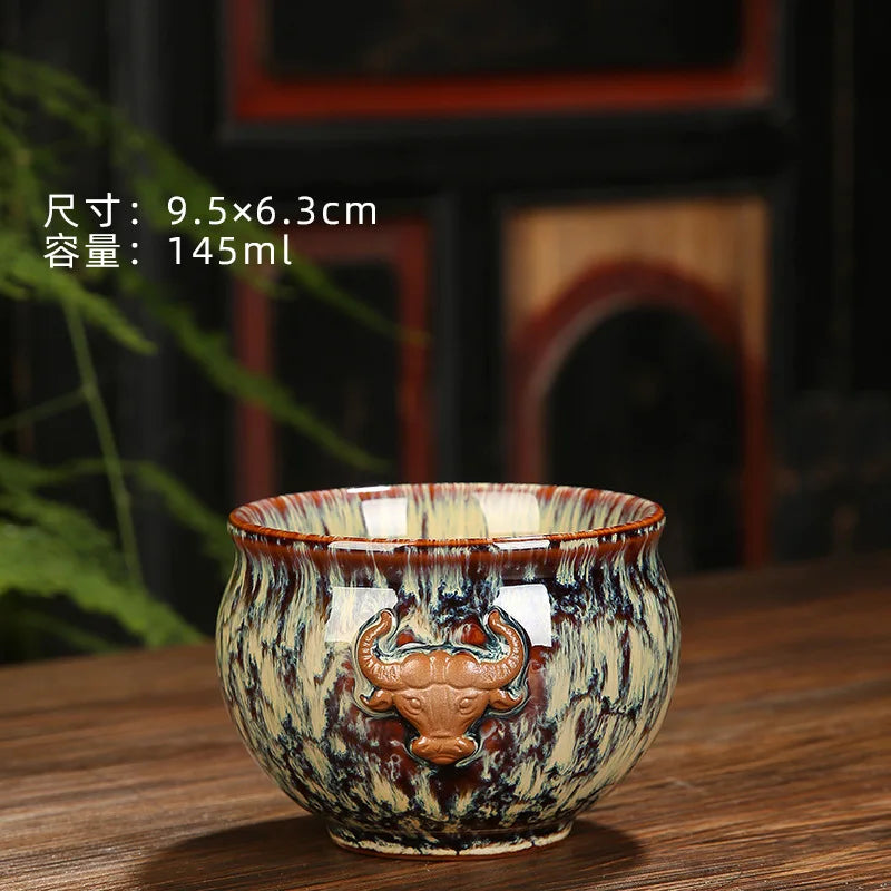 Ceramic Fambe Tea Cup Jianzhan Double Cow Hand-Held Insulation Kung Fu Tea Master Tea Cup Tea Cup Tea Bowl Logo Customization