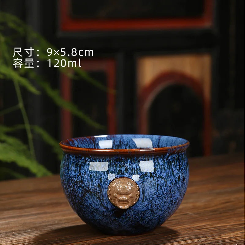 Ceramic Fambe Tea Cup Jianzhan Double Cow Hand-Held Insulation Kung Fu Tea Master Tea Cup Tea Cup Tea Bowl Logo Customization
