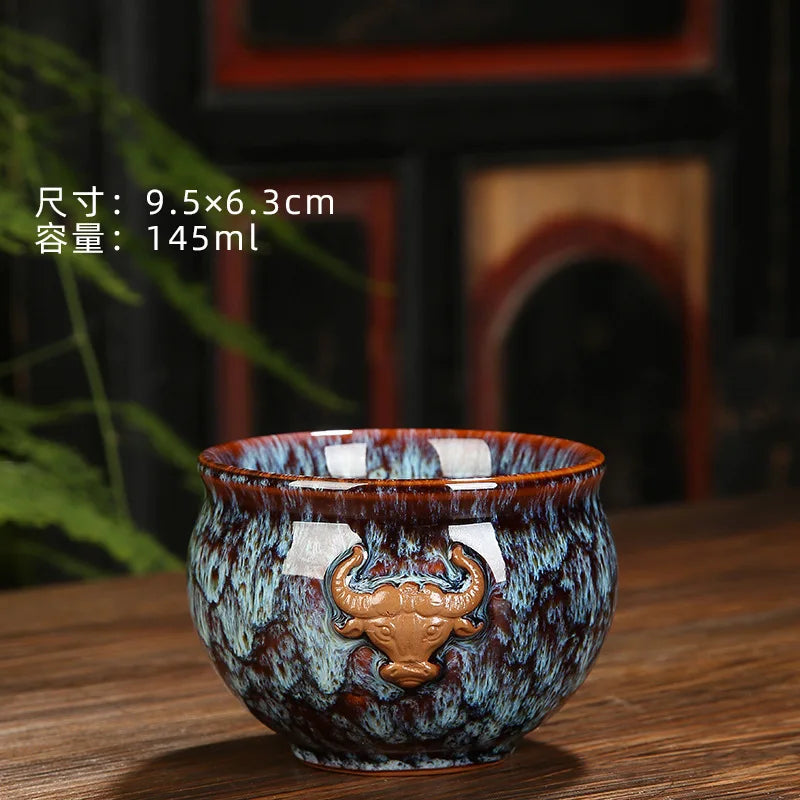Ceramic Fambe Tea Cup Jianzhan Double Cow Hand-Held Insulation Kung Fu Tea Master Tea Cup Tea Cup Tea Bowl Logo Customization