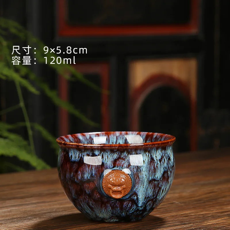 Ceramic Fambe Tea Cup Jianzhan Double Cow Hand-Held Insulation Kung Fu Tea Master Tea Cup Tea Cup Tea Bowl Logo Customization