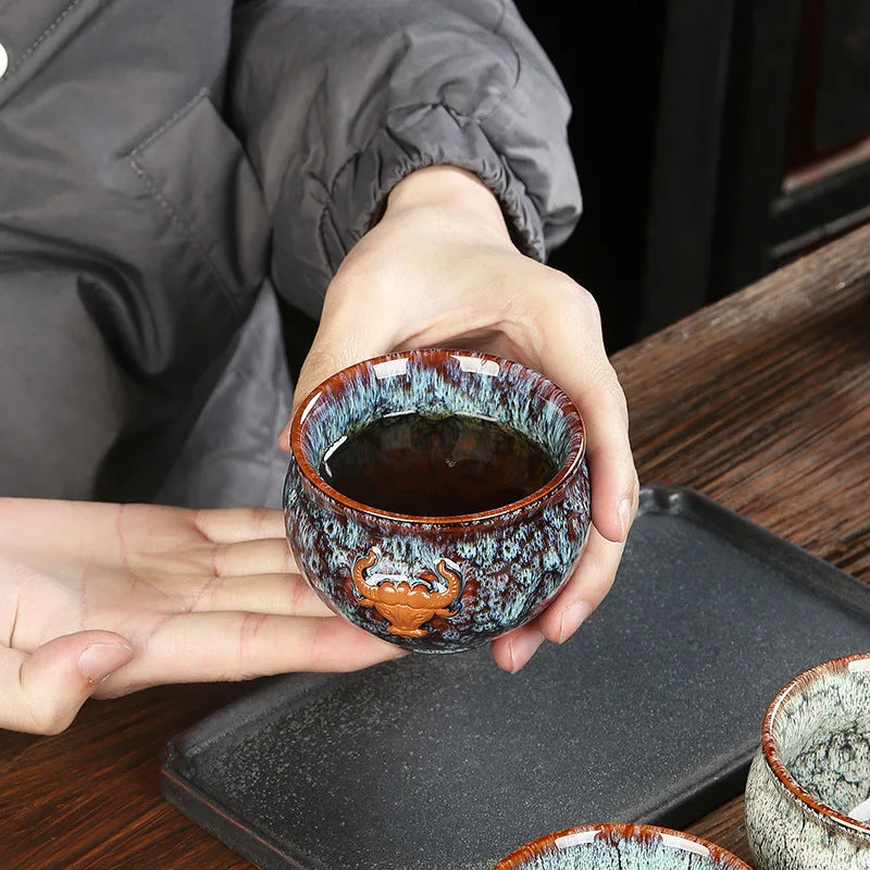 Ceramic Fambe Tea Cup Jianzhan Double Cow Hand-Held Insulation Kung Fu Tea Master Tea Cup Tea Cup Tea Bowl Logo Customization