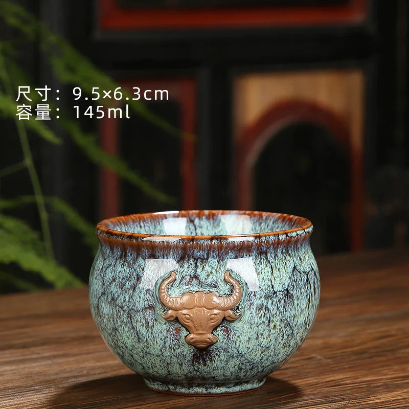 Ceramic Fambe Tea Cup Jianzhan Double Cow Hand-Held Insulation Kung Fu Tea Master Tea Cup Tea Cup Tea Bowl Logo Customization