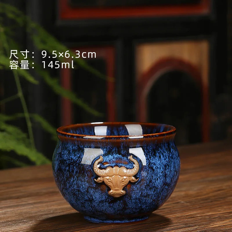 Ceramic Fambe Tea Cup Jianzhan Double Cow Hand-Held Insulation Kung Fu Tea Master Tea Cup Tea Cup Tea Bowl Logo Customization