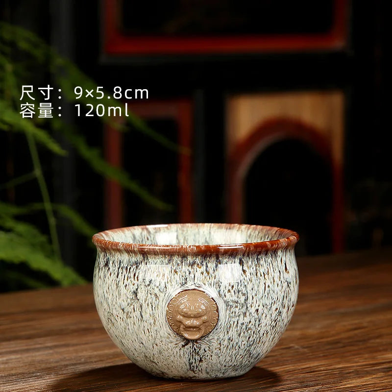 Ceramic Fambe Tea Cup Jianzhan Double Cow Hand-Held Insulation Kung Fu Tea Master Tea Cup Tea Cup Tea Bowl Logo Customization