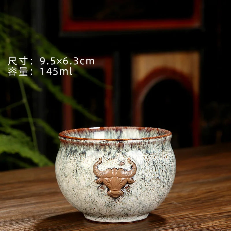 Ceramic Fambe Tea Cup Jianzhan Double Cow Hand-Held Insulation Kung Fu Tea Master Tea Cup Tea Cup Tea Bowl Logo Customization