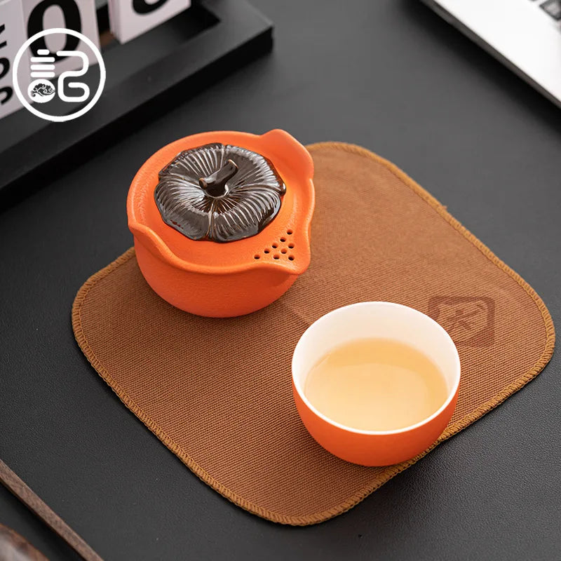 Ceramic Kung Fu Tea Pot Persimmon Shape Teapot and Tea Cup Chinese Pottery Tea Making Outdoor Portable Travel Teaware Tea Set