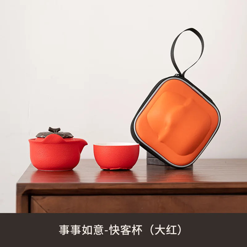 Ceramic Kung Fu Tea Pot Persimmon Shape Teapot and Tea Cup Chinese Pottery Tea Making Outdoor Portable Travel Teaware Tea Set