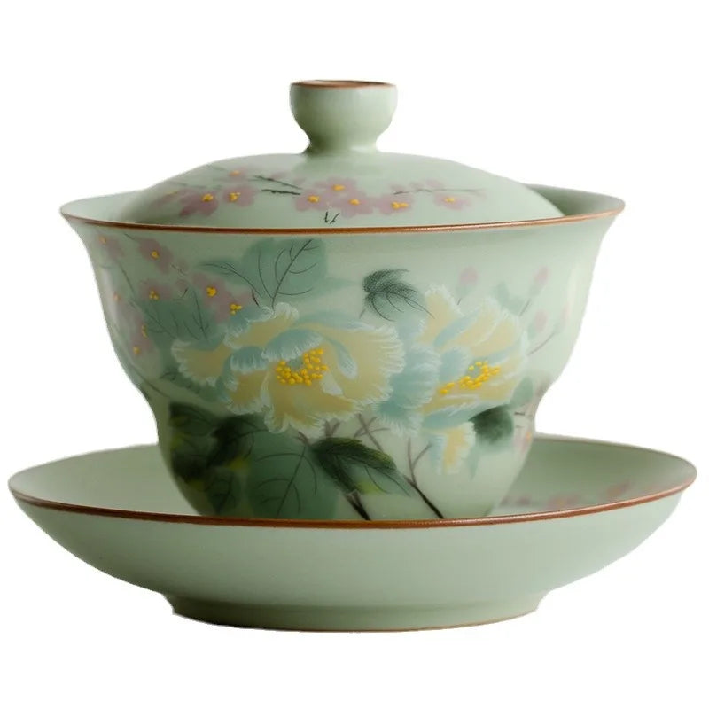 Ceramic Pigmented Gaiwan Teaware Set Chinese Sancai Tea Bowl Cups Porcelain Tea Cups Handmade Tea Tureen Tea Set