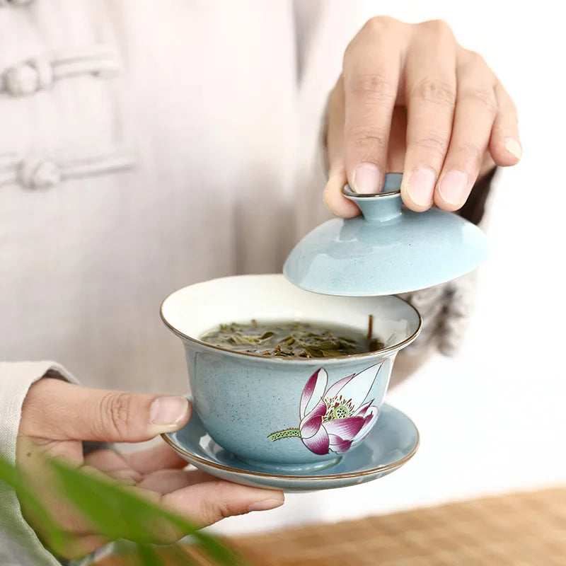 Ceramic Sancai Gaiwan Chinese Tea Tureen on-glazed Teaware Teacups Porcelain Handmade Kung Fu Flower Tea Bowl Cups