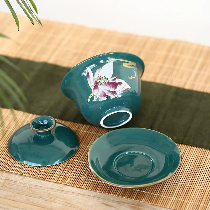 Ceramic Sancai Gaiwan Chinese Tea Tureen on-glazed Teaware Teacups Porcelain Handmade Kung Fu Flower Tea Bowl Cups