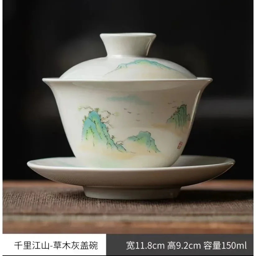 Ceramic Sancai Gaiwan Handmade Tea Tureen Chinese Teacup Hand-painted Flowers Tea Bowl Cups Porcelain Tea  Accessories