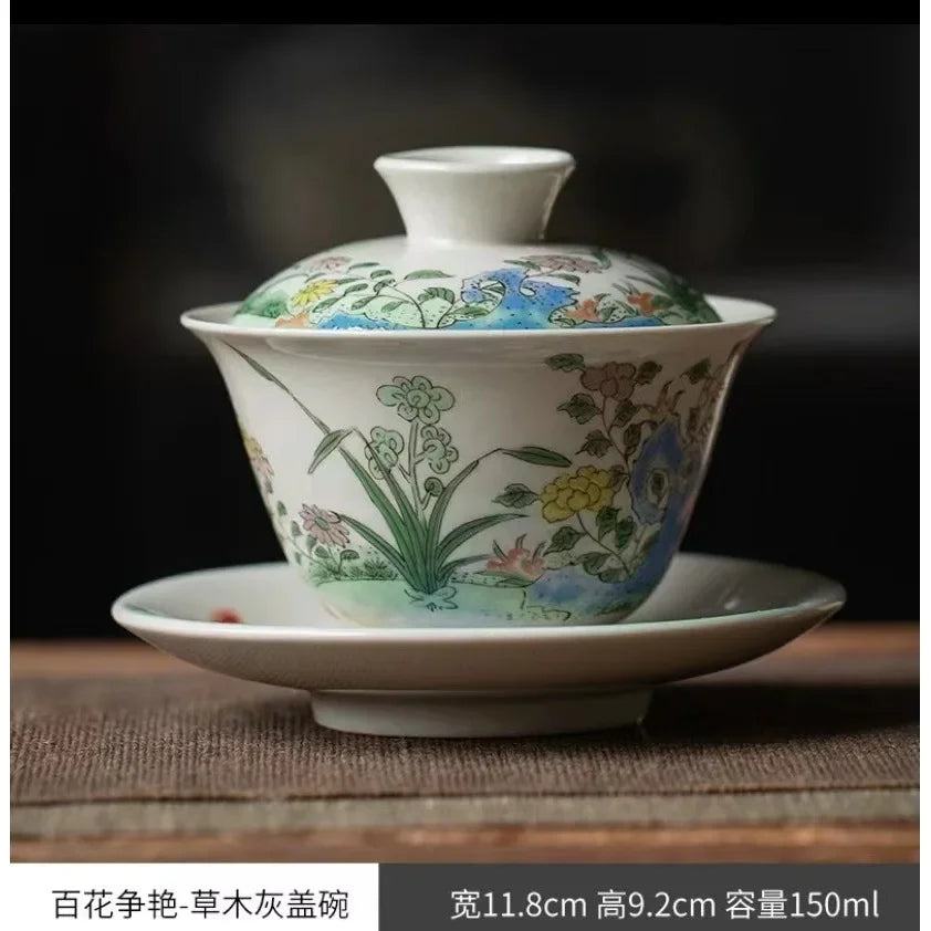 Ceramic Sancai Gaiwan Handmade Tea Tureen Chinese Teacup Hand-painted Flowers Tea Bowl Cups Porcelain Tea  Accessories