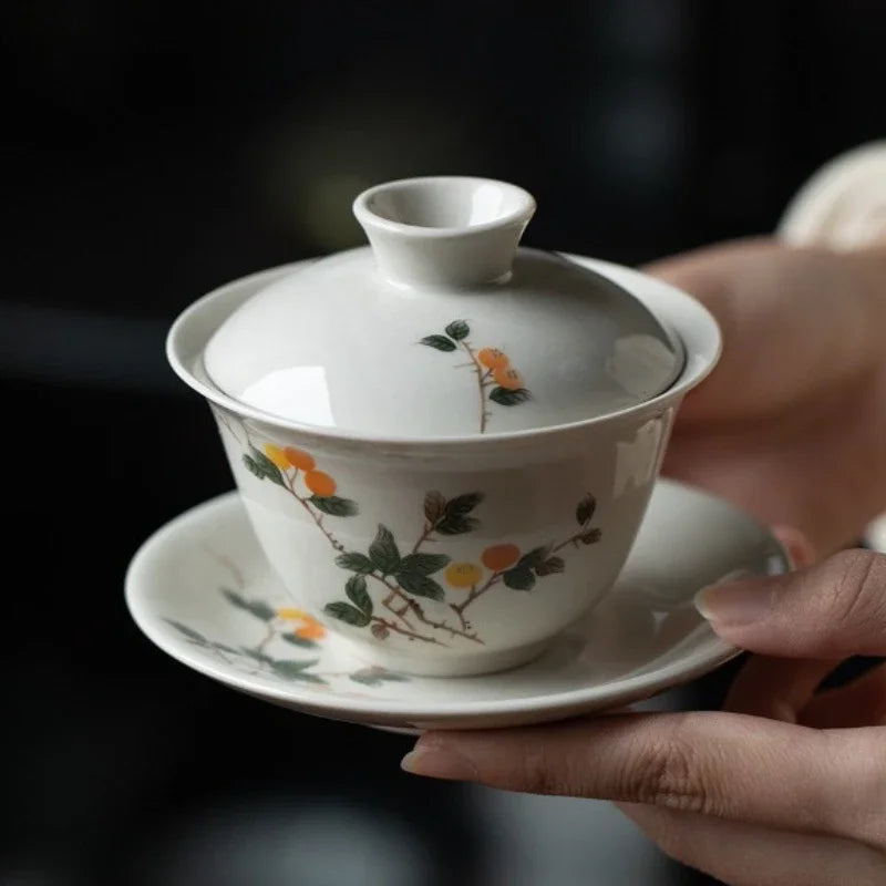 Ceramic Sancai Gaiwan Handmade Tea Tureen Chinese Teacup Hand-painted Flowers Tea Bowl Cups Porcelain Tea  Accessories