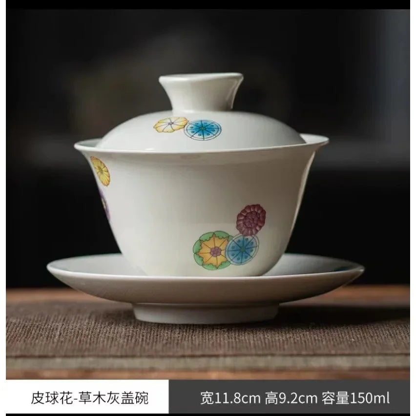 Ceramic Sancai Gaiwan Handmade Tea Tureen Chinese Teacup Hand-painted Flowers Tea Bowl Cups Porcelain Tea  Accessories