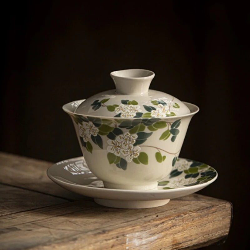 Ceramic Sancai Gaiwan Handmade Tea Tureen Chinese Teacup Hand-painted Flowers Tea Bowl Cups Porcelain Tea  Accessories