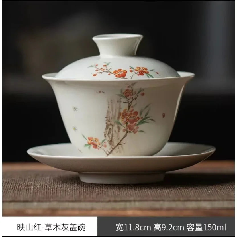 Ceramic Sancai Gaiwan Handmade Tea Tureen Chinese Teacup Hand-painted Flowers Tea Bowl Cups Porcelain Tea  Accessories