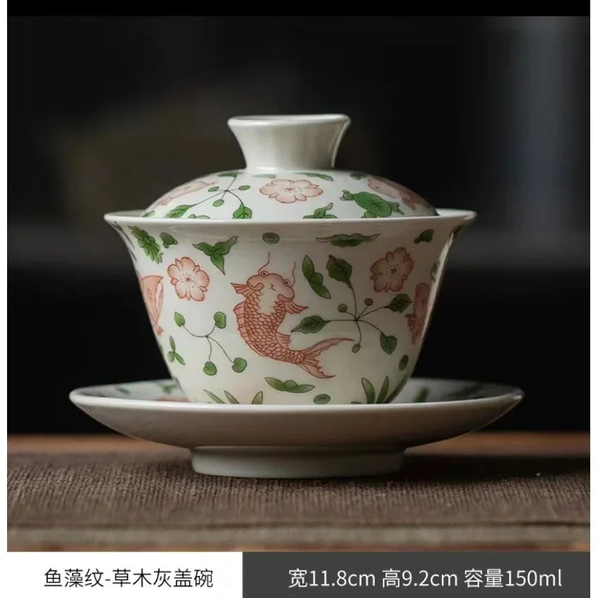 Ceramic Sancai Gaiwan Handmade Tea Tureen Chinese Teacup Hand-painted Flowers Tea Bowl Cups Porcelain Tea  Accessories