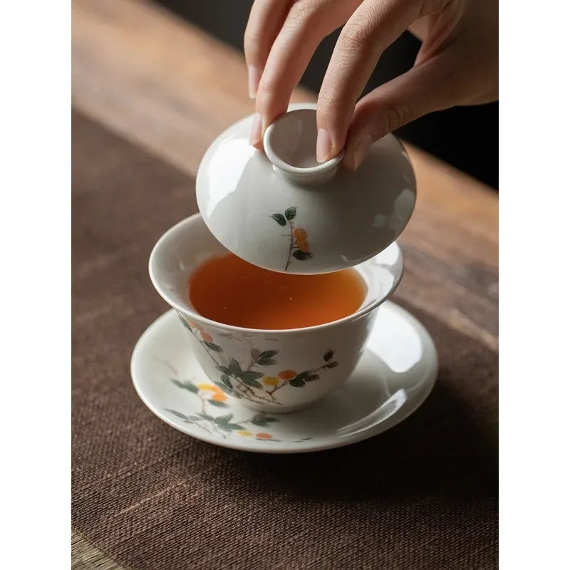 Ceramic Sancai Gaiwan Handmade Tea Tureen Chinese Teacup Hand-painted Flowers Tea Bowl Cups Porcelain Tea  Accessories