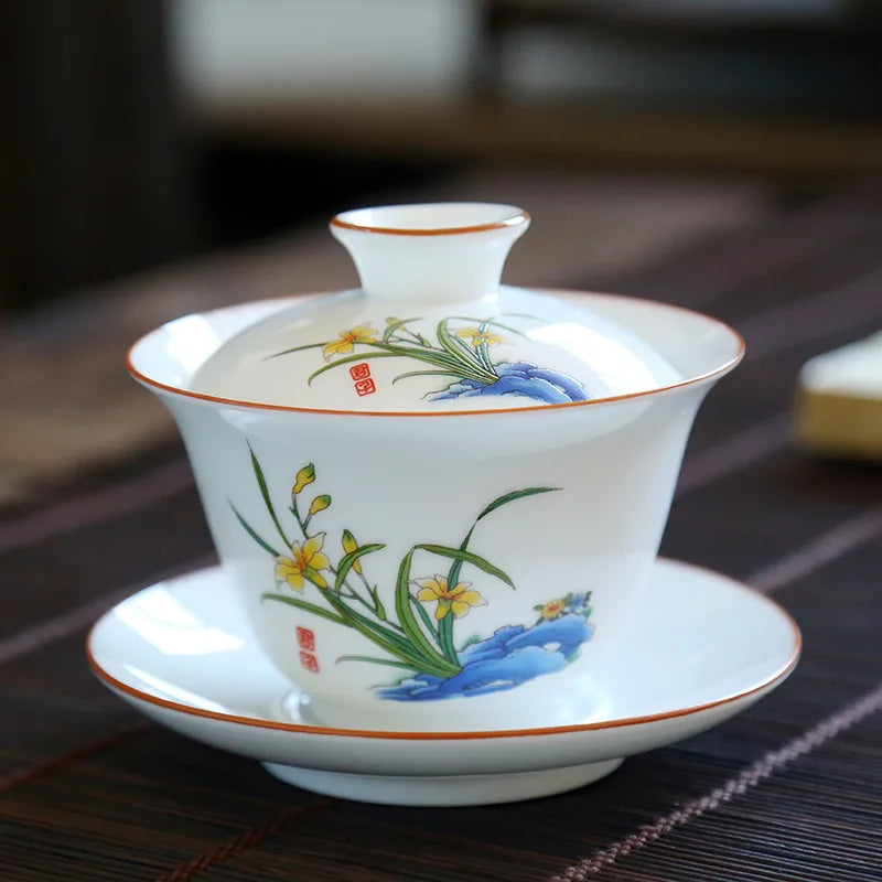 Ceramic Sancai Gaiwan Tea Bowl Chinese Handmade on-glazed Porcelana Kung Fu Tea Tureen Teaware Set Home Decor Tea Cups