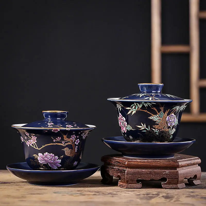 Ceramic Tea Tureen Chinese Kung Fu Tea Set Outline In Gold Sancai Gaiwan Tea Cup Tea Bowl with Lid Golden Magpie Tea Maker