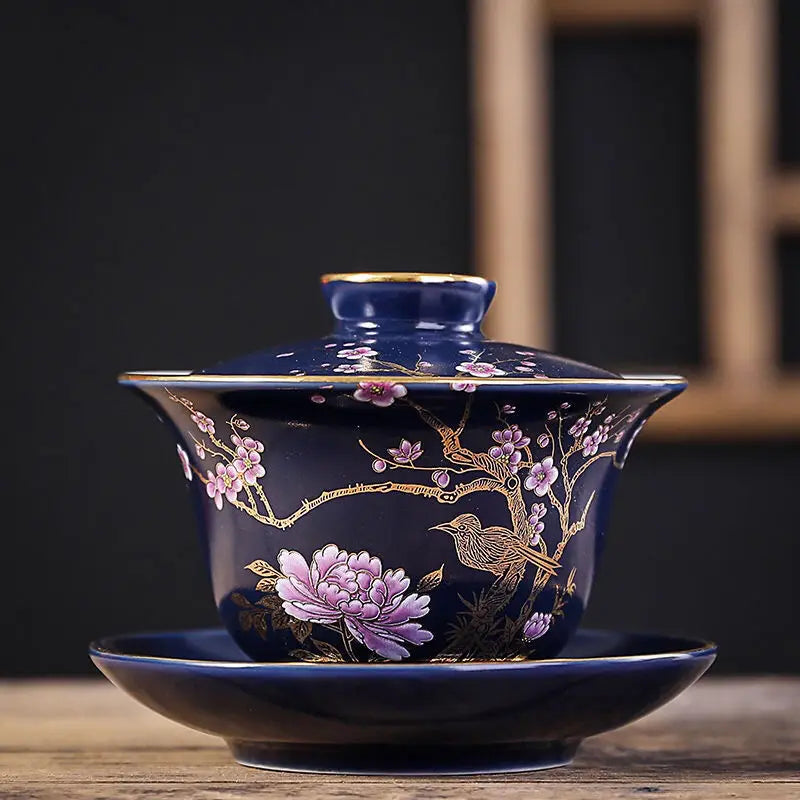 Ceramic Tea Tureen Chinese Kung Fu Tea Set Outline In Gold Sancai Gaiwan Tea Cup Tea Bowl with Lid Golden Magpie Tea Maker