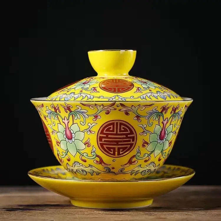 Ceramic Tea Tureen Chinese Kung Fu Tea Set Outline In Gold Sancai Gaiwan Tea Cup Tea Bowl with Lid Golden Magpie Tea Maker