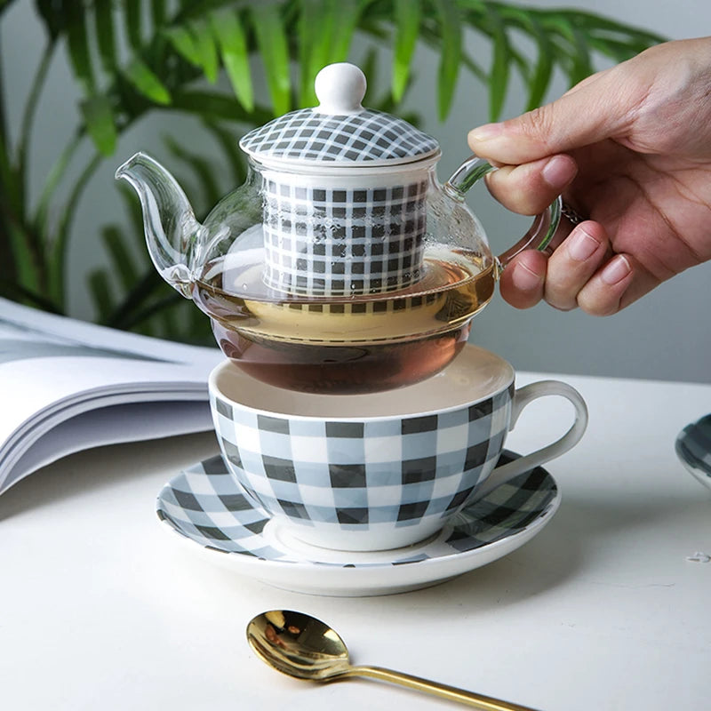 Ceramic Tea for One Set Checkered Design Glass Teapot Fine Bone China Saucer Teacup Tea Stainer Infuser Teaware with Gift Box